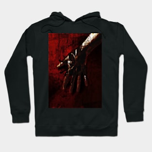 Digital collage, special processing. Hand, mystic. Ugly grainy texture on close up, so beautiful on distance. Dark, red, orange. Hoodie